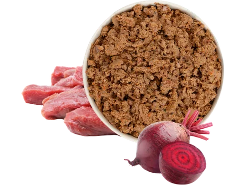 Wunderdog fresh, gently cooked dog meal in a bowl with fresh meat and beetroot beside it